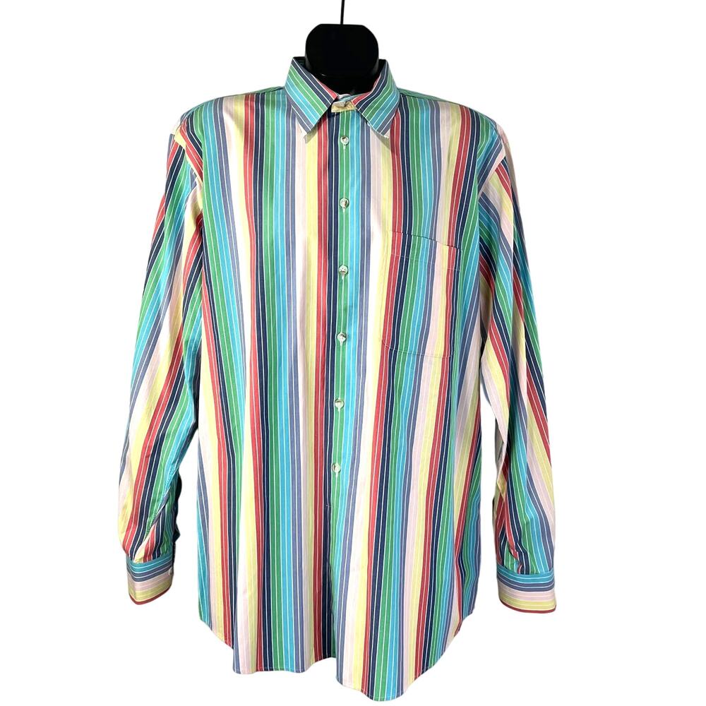 Paul Fredrick Rainbow Stripe Cotton Button Up Shirt Long Sleeves